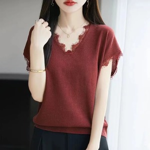 Camiseta informal adelgazante reductora de edad de verano para mujer, cuello en V, empalme de encaje, manga corta, elegante estampado Digital, diseño de punto - Product Image 6