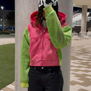 Fabrication à la mode Vêtements de rue personnalisés Lavage à l'acide Distressed Rhinestone Boxy Fit Zipper Crop Hoodie pour hommes - Product Image 5