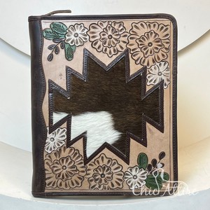 <b>A4</b> Size Hand Tooled Leather Certificate Holder Cowhide Turquoise Multifunctional <b>Portfolio</b> With Zippered Closure & Ring Binders - Product Image 1