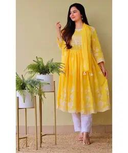 La maggior parte dei modelli di abbigliamento formale in rayon di cotone kurti con palazzo bellissimo colore giallo nuovo designer di abbigliamento etnico