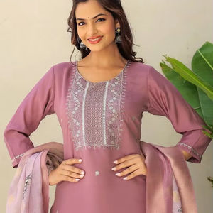 <b>women</b> ethnic Pink Floral Embroidered Round Neck Pure Silk Straight Kurta With <b>Trousers</b> & Dupatta indian pakistan salwar kameez - Product Image 1