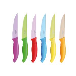 Ensemble de couteaux à steak et à pizza en acier inoxydable, 6 pièces, lames dentelées multicolores, design moderne, manche ergonomique en plastique, couleur par Excelsa - Product Image 1