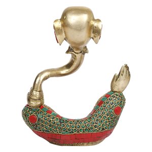 Idole traditionnelle en laiton de Ganesh Bhagwan avec tronc, pour Diwali, artisanale, avec design de tronc - Product Image 2