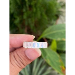925 Silver Rainbow <b>Moonstone</b> Eternity Band <b>Ring</b> Emerald Cut Boho Style with Rhodium Plating Everyday Wear and Gift Option - Product Image 4
