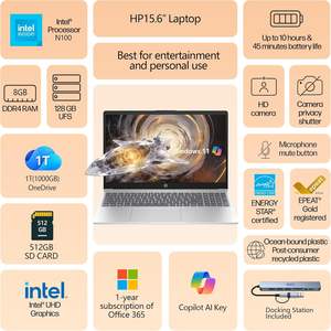 NOUVEAU PC portable H-P 15,6 pouces – Solution de productivité complète, Windows 11 avec MS Office, Intel 4 cœurs N100, 8 Go de RAM, 1,6 To de stockage - Product Image 3