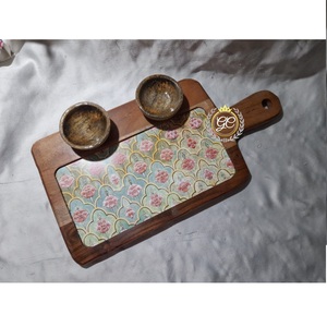 Handcrafted Rectangle Acacia Wood Serving <b>Tray</b> with 2pcs Sauce Bowls Snack Appetizer Platter for Kitchen Dining Decorative <b>Trays</b> - Product Image 2