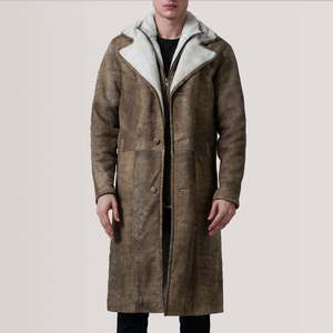 Distressed Brown Leather <b>Shearling</b> Overcoat Waterproof Hooded Long Winter <b>Coat</b> - Product Image 5