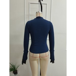 Blusa de manga larga con cuello semialto y detalle de encaje en las mangas para mujer, 37604 - Azul marino - Product Image 6