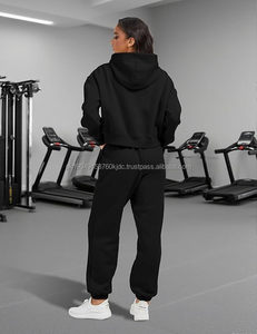 Pantalones de chándal Jogger con forro polar y capucha de patrón sólido para mujer, ropa deportiva, chándal de 2 piezas con decoración de encaje - Product Image 5