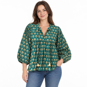 Blusa india con estampado de bloques, diseño floral bohemio, transpirable, cuello en V, manga abullonada, botones, top corto de algodón puro para otoño/verano - Product Image 6