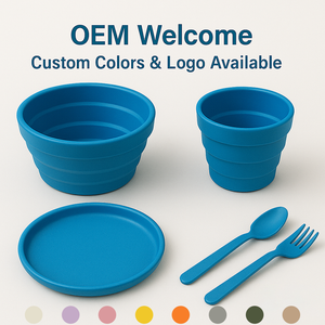 Ngoài trời 5-in-1 cắm trại Silicone Bộ đồ ăn đặt gấp bát cốc tấm Muỗng & Nĩa xách tay & bpa-miễn phí tùy chỉnh màu sắc & logo in - Product Image 5