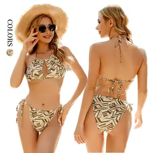 Hot Sale Bathing Suit Crop Top Beachwear Chain Strap Floral Print Luxury Woman Bikini Swimwear