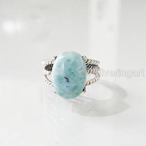 Anillo de Mujer con Piedra Preciosa de Larimar Natural, 3 Bandas Trenzadas Estilo Bohemio, Regalo de Navidad, Joyería Hecha a Mano, Anillo de Plata de Ley 925 - Product Image 1