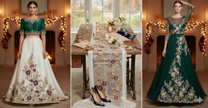 Exquisito Encaje Bordado Floral Tradicional Multicolor con Cuentas de Perlas, Hilo Metálico Zari y Cuentas Brillantes 100% Poliéster - Product Image 4