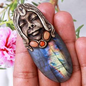 Collier pendentif classique en argile polymère naturelle Labradorite Multi Fire, 40-45mm, bijoux unisexes - Product Image 2