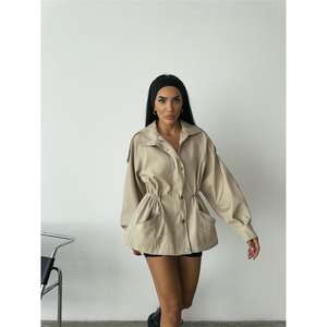 Veste en tissu doux pour femme avec cordon de serrage à la taille et col roulé - Couleur pierre - Product Image 1