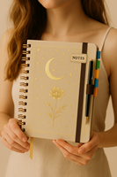 Carnet spirale LABON esthétique avec estampage doré motif fleur de lune, papeterie, journal avec porte-stylo et intercalaires à onglets
