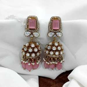 Women's Festive Wear Gold Plated American <b>Diamond</b> Jhumka <b>Earrings</b> Handcrafted Temple Jewellery with <b>Pearl</b> Wedding Gifts - Product Image 2