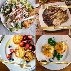 Hermoso juego de cubiertos chapados en oro con mango en relieve de acero inoxidable, tenedor brillante, cuchara, cuchillo, cubiertos para boda - Product Image 3