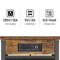 Table d'appoint industrielle rustique en bois en forme de C avec Station de charge et Ports USB