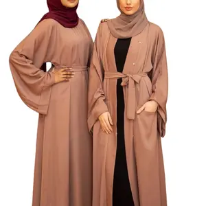Middle East Dubai Arab Embroidered Nida Fabric Open Front Abaya with Detachable Belt Breathable|Long Sleeves Women's Abaya Dress