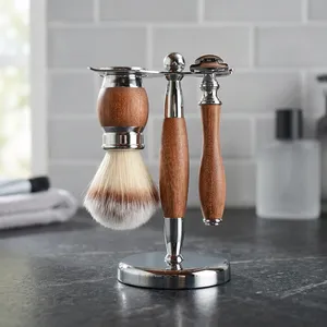 Professional Stainless Steel Shaving Grooming <b>Set</b> with Wooden Handle Brush and <b>Razor</b> Stand for Shaving Convenience - Product Image 6