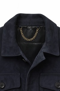 Leather Goat Suede Navy <b>Blue</b> Stand Collar Front Logo Celebrity Inspired Casual Motorcycle <b>Jacket</b> Breathable Vintage Outerwear - Product Image 3