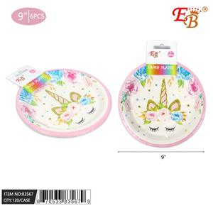 Piatti di carta Eb Unicorn, 6 pezzi, 9 pollici, rotondi, usa e getta, per feste di compleanno, design a cartoni animati, ecologici - Product Image 1