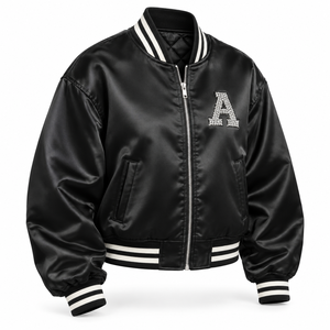 Custom Oversized Satin Varsity Bomber <b>Jacket</b> Men <b>Rhinestone</b> Embroidery Streetwear Autumn Winter Breathable Windproof Polyester - Product Image 1