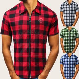 Camisas a cuadros informales fabricadas en fábrica para hombre % algodón ajuste relajado manga corta cremallera completa Hip Hop Pop a prueba de viento transpirable - Product Image 2