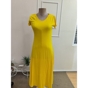 Women's Short-Sleeved V-Neck Slit Midi <b>Viscose</b> <b>Dress</b>, 35174 - Yellow - Product Image 4