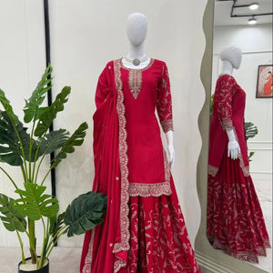 Heavy Fancy Design Women Set Chinon Hilo de seda con bordado de secuencia Top de trabajo y Palazzo Dupatta Bordado Secuencia DE TRABAJO - Product Image 1