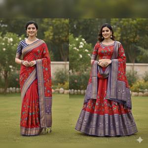 Pure Jute Fabric Premium Pure Jute <b>Silk</b> Saree inRed ContrastPurple Zari BorderAll-Over Floral Buttis Designer <b>Red</b> PureJute Saree - Product Image 6