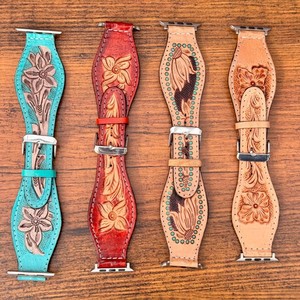 Correas de reloj pintadas con estampado floral occidental de diseño personalizado de cuero genuino hechas a mano, correas de reloj de repuesto bohemias occidentales - Product Image 6