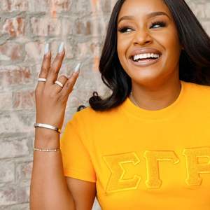 Solid <b>Gold</b> Chenille Tee Sigma Gamma Rho Sorority Apparel Greek <b>Letters</b> Embroidered <b>Gold</b> College Style Chenille Shirt - Product Image 4