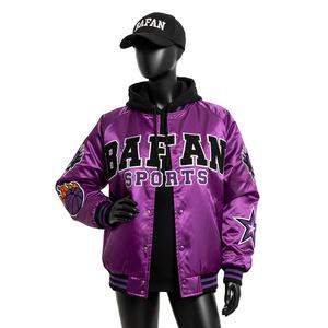 Chaqueta de Satén para Mujer, Tejido Brillante de Lujo en Color Morado, Corte Raglán con Detalles de Parches con Logotipo Bordado Personalizado - Product Image 1