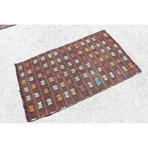2.4x4.1 ft Turkish Vintage Rug, Small Rug, Kilim <b>Brown</b> <b>Wool</b> Rug - Product Image 2