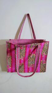 Indian Tiger Print Handmade Cotton Womens Shopping Tote Bag Hand Block Printed Quilted Shoulder Bag Stylish Fashion Accessory - Product Image 2