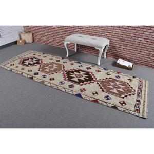 Vintage 3.2x9.9 ft Rug, Herki Turkish Rug, <b>Brown</b> Bordered <b>Wool</b> Rug - Product Image 2