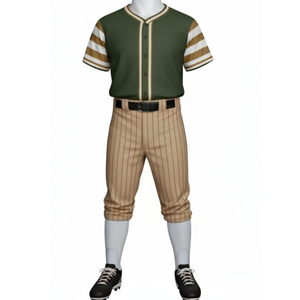 ชุดยูนิฟอร์มเบสบอลวินเทจสีเขียวและสีกากี กางเกงลายทางแบบซับลิเมชั่นสั่งทำพิเศษ พร้อมเสื้อเจอร์ซีย์แต่งแถบลายทางที่แขนเสื้อ - Product Image 1