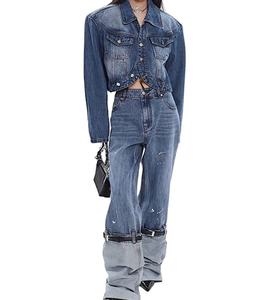 Verano mujer Denim Pu cuero vendaje chaqueta de dos piezas pierna ancha adolescentes primavera Jeans conjunto mujeres Sexy con chaqueta para la industria - Product Image 5