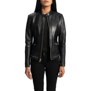 Chaqueta de motorista negra Haley Ray con cremallera de piel de oveja auténtica OEM para mujer con forro de viscosa acolchado y bolsillos interiores y exteriores ODM - Product Image 1