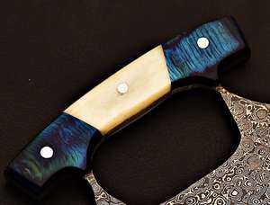 Couteau Ulu en acier damas fait à la main lame de chef de cuisine en acier inoxydable gaine en cuir véritable manche en bois bleu os bricolage OEM - Product Image 5