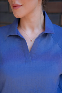 Set sportivo estivo da donna su misura di <span class=keywords><strong>lino</strong></span> <span class=keywords><strong>blu</strong></span> di alta qualità include Polo a maniche corte e pantaloni larghi elastici - Product Image 4