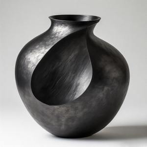 Vase rustique à bord de bois fumé en finition noire mate Vase Floral Embossed Design Home Decor Accent Statement - Product Image 1