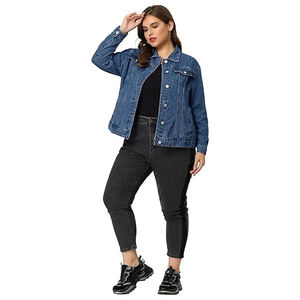 Femmes grande taille couture bouton avant lavé Denim veste bouton manchette manches longues goutte épaule - Product Image 3