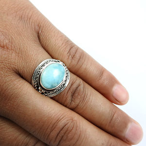 Bague de réglage de lunette de Style ethnique en argent Sterling massif 925 avec pierre précieuse de Larimar naturelle bijoux bohèmes faits à la main pour femmes fille - Product Image 3