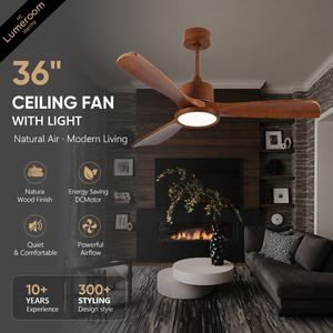 พัดลมเพดานไม้เนื้อแข็งขนาด 36 นิ้ว พร้อมไฟและรีโมท ใบพัดไม้สีน้ำตาล ปรับความสว่างได้ มอเตอร์ดีซีแบบย้อนกลับได้ - Product Image 1