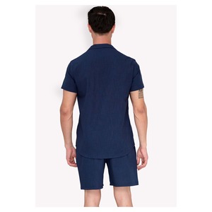 Ensemble chemise et short d'été pour homme en lin bleu marine, coupe décontractée, manches courtes - Product Image 5