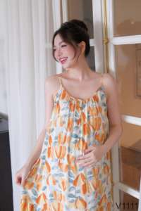 Vestido de maternidad ligero de lino con 2 correas V1111 transpirable y absorbente de sudor con buena absorción para el verano - Product Image 3